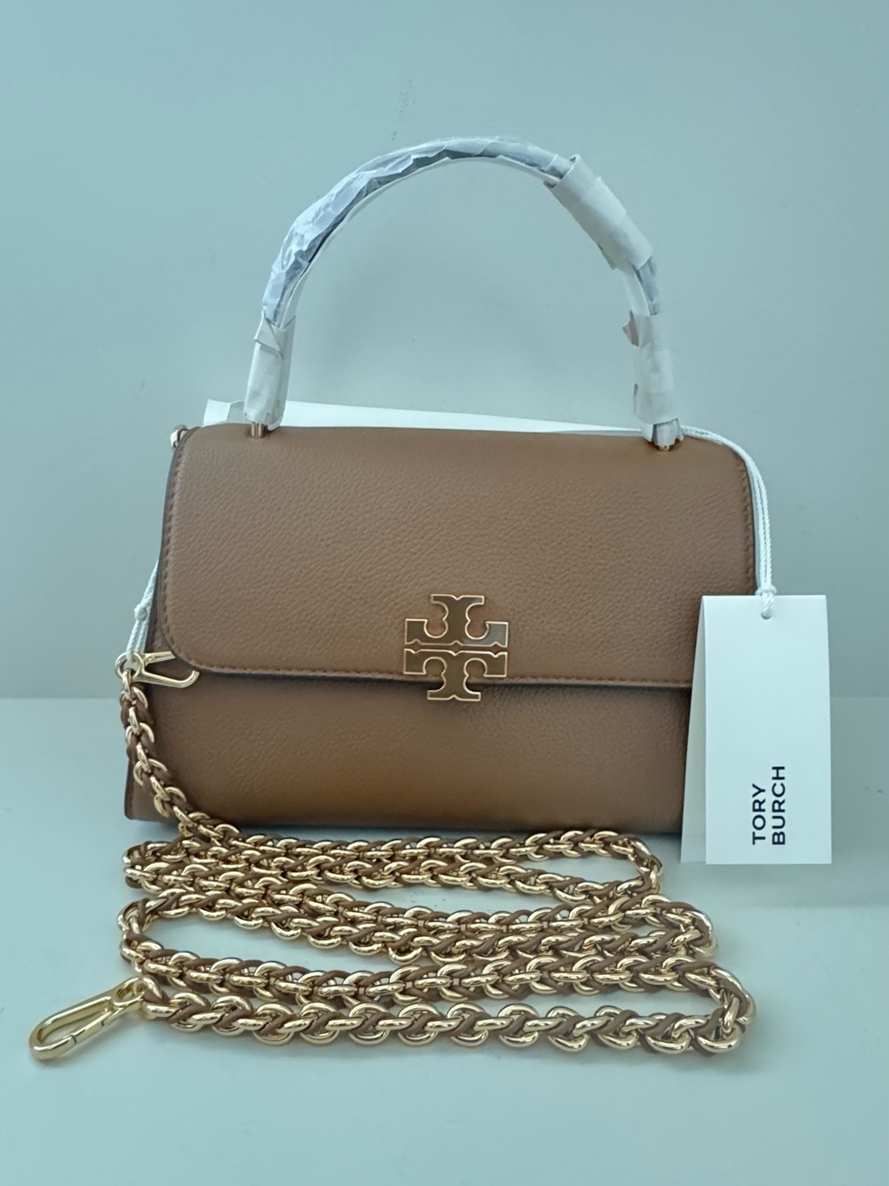 Tory Burch Britten Top Handle Camel Leather Shoulder Bag with Gold Chain